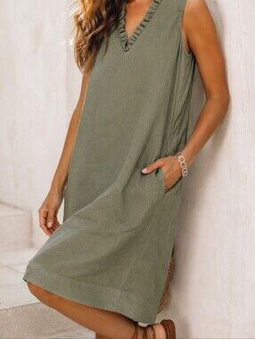 Briggs New York Linen Blend Sage Green Ruffle Neck Pockets Dress S Breathable